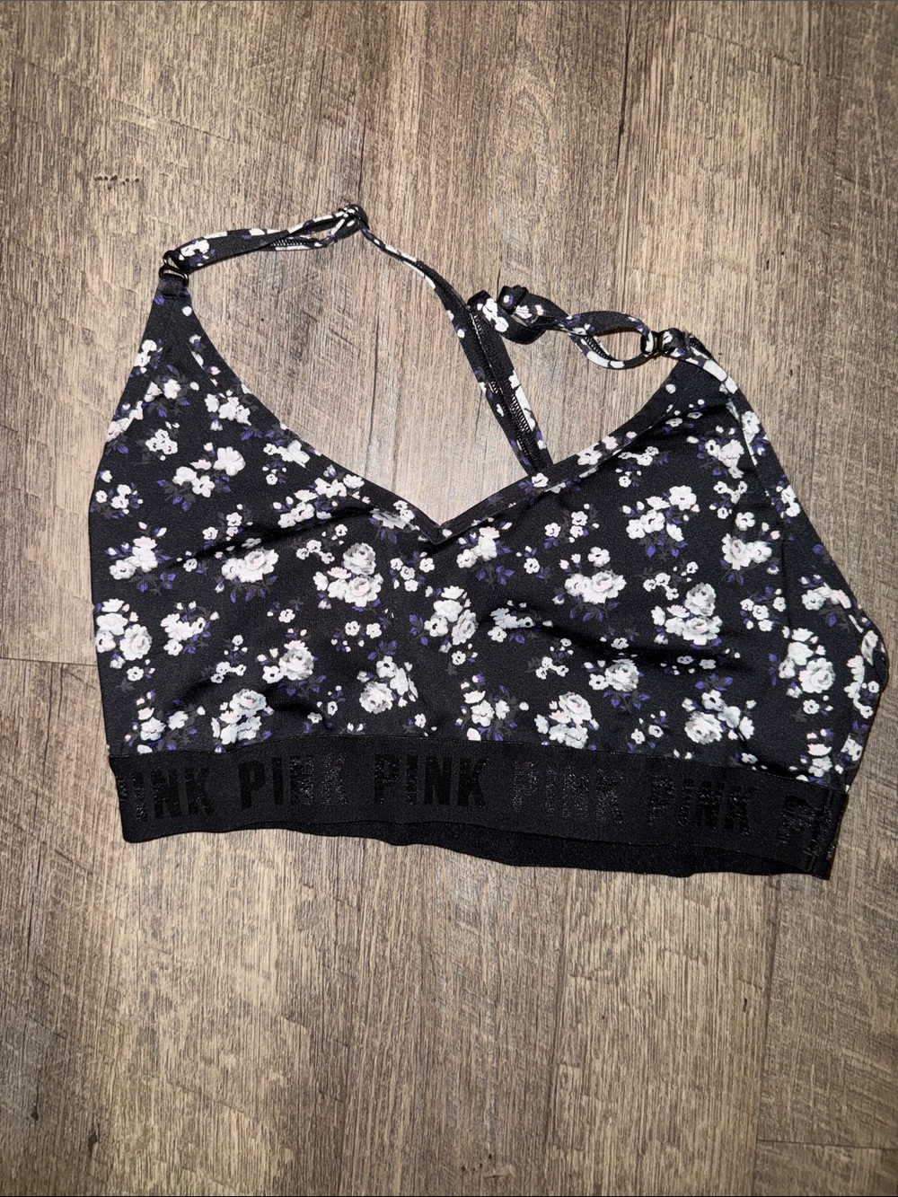 PINK Victoria's Secret Black Floral Bralette with White & Purple Flowers